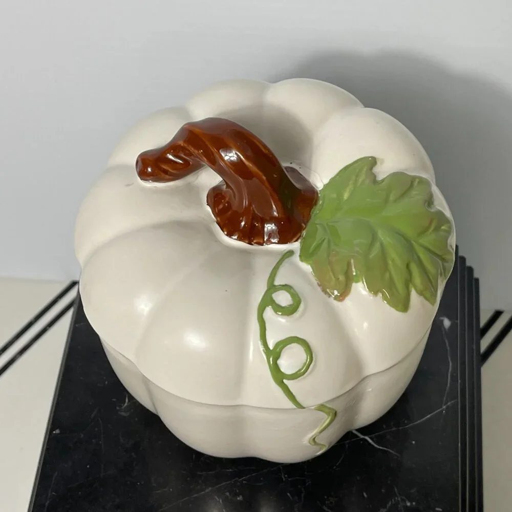 White Pumpkin Ceramic Cookie Jar,‎ Candy Jar, Canister Fall Theme Or Halloween